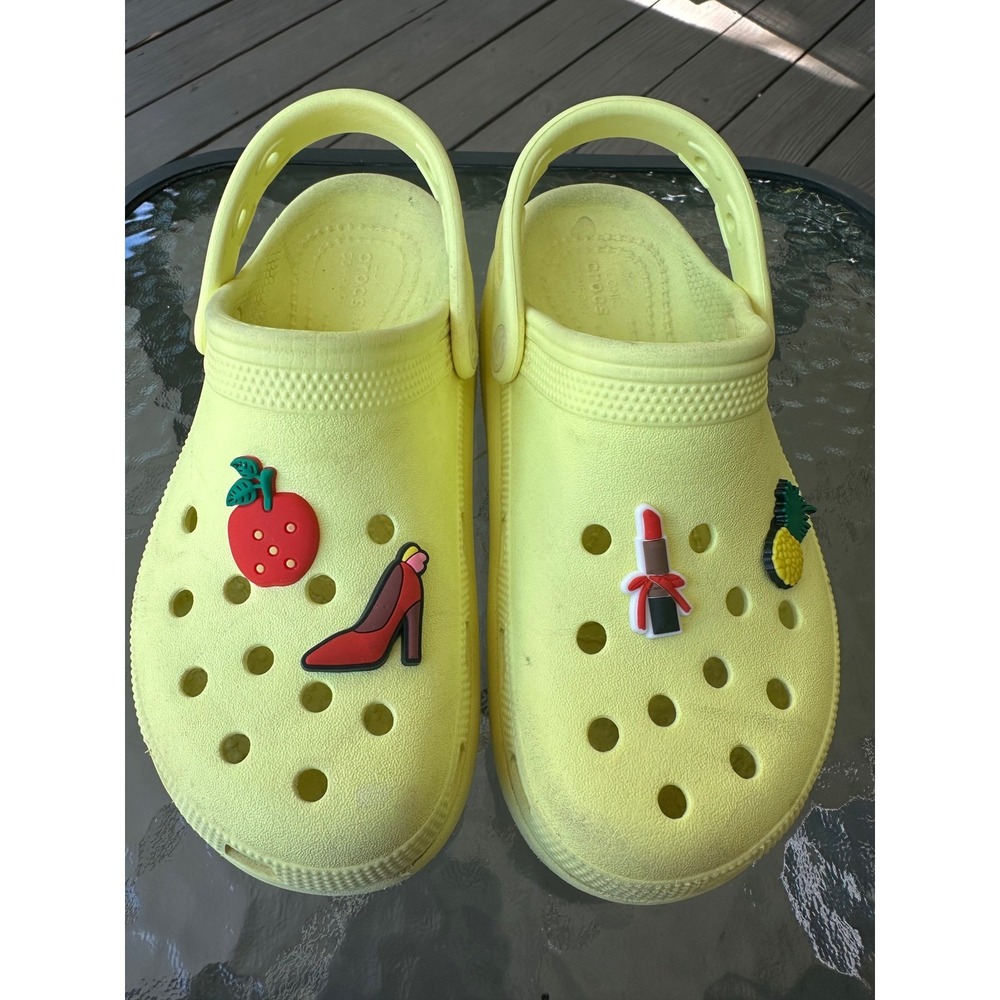Kids Crocs Platform Clog Yellow Jibbitz Strawberry Shoe‎ Heel Lipstick Size J3
